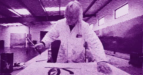 An abstract, purple-toned image of Feng Xiao-Min, standing in a room with large windows. The image is overlaid with curved dotted lines, creating a textured, patterned effect. © Illustration by Art Critic.