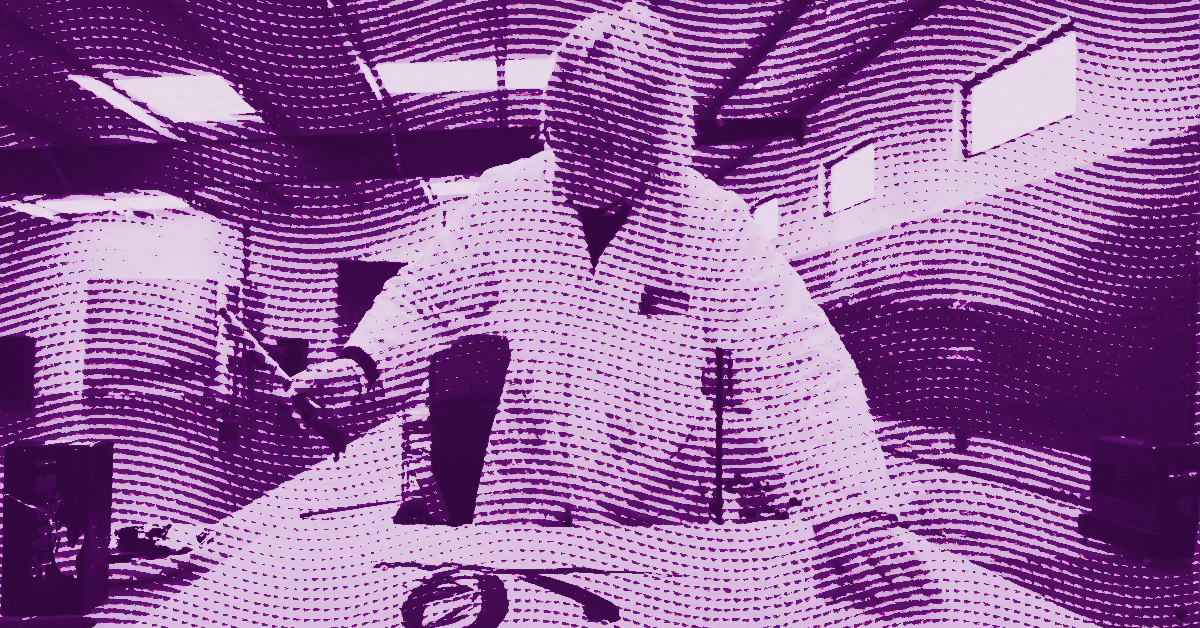 An abstract, purple-toned image of Feng Xiao-Min, standing in a room with large windows. The image is overlaid with curved dotted lines, creating a textured, patterned effect. © Illustration by Art Critic.