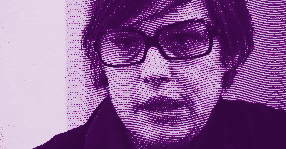 A stylized, purple-tinted image of Cosima von Bonin with shoulder-length hair and glasses. The image is composed of horizontal dot patterns, giving it a halftone, graphic effect. The background is light. © Illustration by Art Critic.