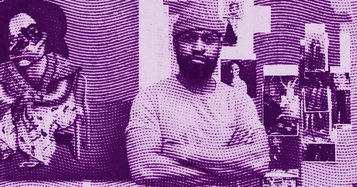 A stylized, purple-toned image shows Nathaniel Mary Quinn wearing a beanie with his arms crossed, standing beside artwork. The image features bold dot patterns and wavy lines, giving it a textured, screen-printed effect. © Illustration by Art Critic.