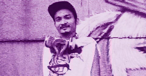 A stylized, purple-toned image of Alex Face wearing a hat and scarf, with a textured, wavy line pattern overlaying the entire image. The person appears to be looking forward, partially obscured by the artistic effect. © Illustration by Art Critic.