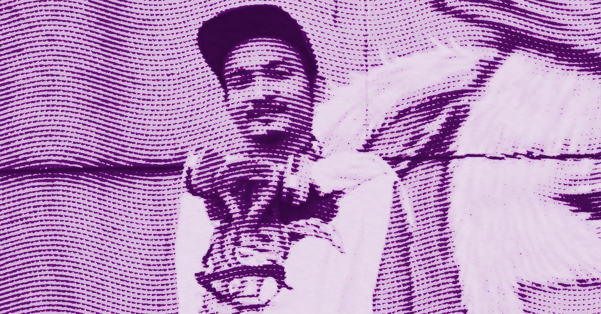 A stylized, purple-toned image of Alex Face wearing a hat and scarf, with a textured, wavy line pattern overlaying the entire image. The person appears to be looking forward, partially obscured by the artistic effect. © Illustration by Art Critic.