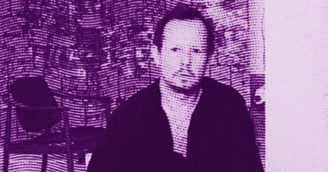 A stylized, purple-toned image of Guillermo Kuitca sitting indoors. The background features abstract, wavy patterns and two chairs. The image has a textured, halftone effect. © Illustration by Art Critic.