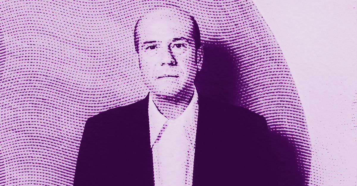 A stylized, pink-toned image of Nicola De Maria in a suit with a neutral expression. The image features dotted, wavy patterns overlaying the photo, creating a textured, artistic effect. © Illustration by Art Critic.
