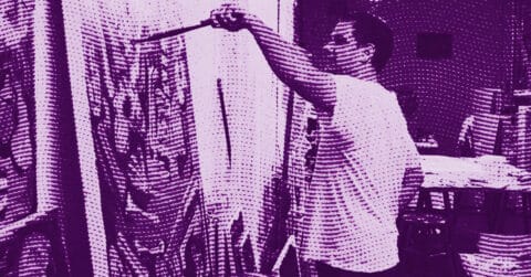 Josh Smith wearing a t-shirt stands in front of a large canvas, painting with a brush. The image has a purple filter and halftone effect, giving it a stylized, textured appearance. © Illustration by Art Critic.