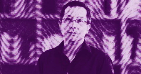 Li Jikai in glasses and a dark shirt stands in front of a blurred background. The image is filtered in purple tones with a dotted, wavy pattern effect. © Illustration by Art Critic.