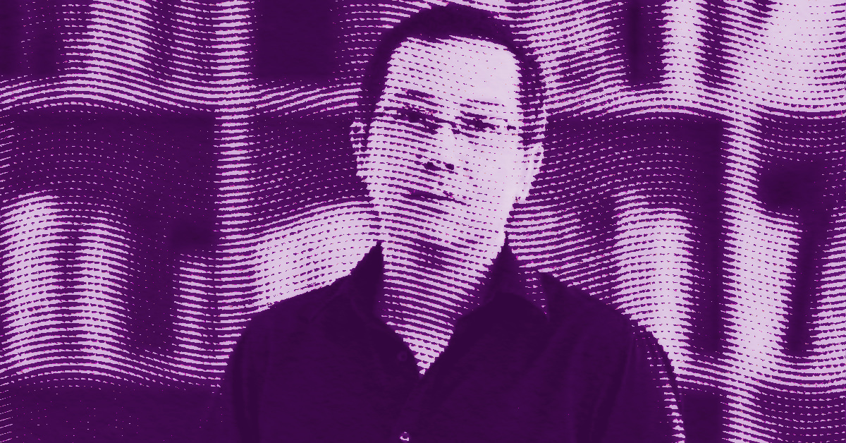 Li Jikai in glasses and a dark shirt stands in front of a blurred background. The image is filtered in purple tones with a dotted, wavy pattern effect. © Illustration by Art Critic.