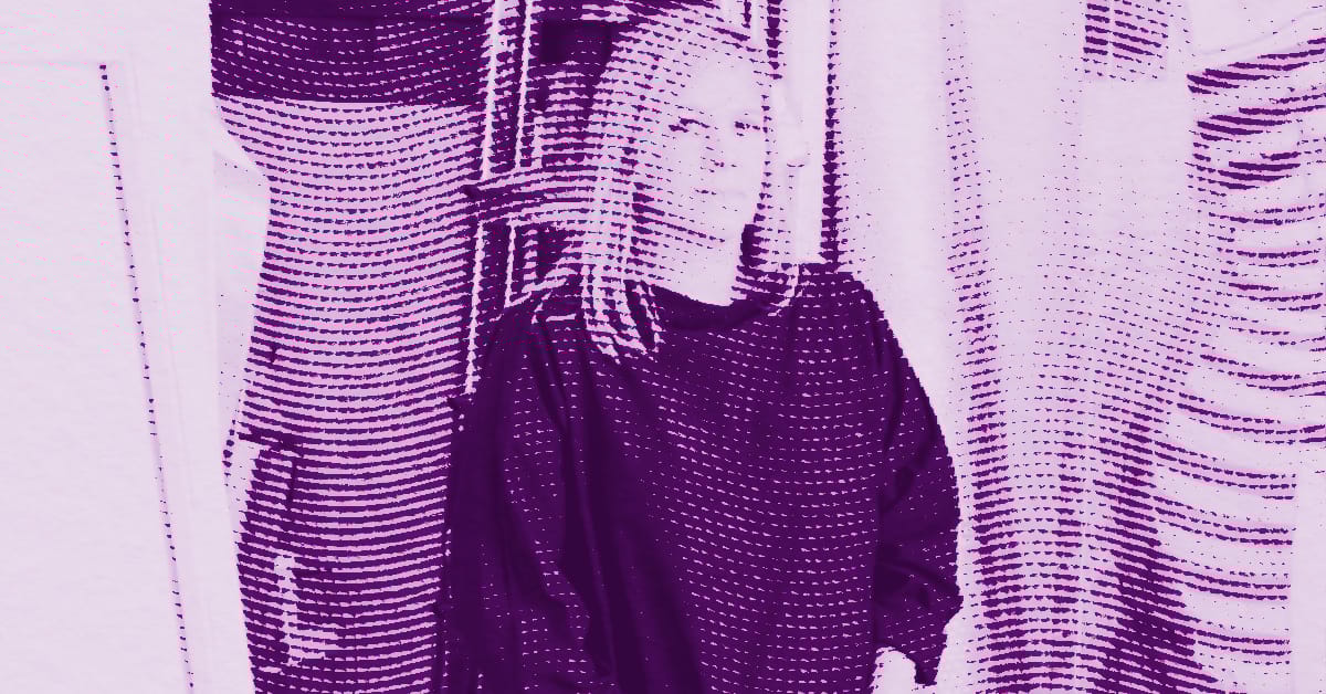 Lisa Brice with straight hair and a somber expression sits indoors, partially obscured by curtains. The image has a purple, halftone filter effect. © Illustration by Art Critic.