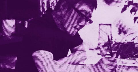 Ren Zhong wearing glasses, head down and focused, appears to be writing or drawing at a desk. The image is tinted purple with a dotted halftone effect and stylized lighting. © Illustration by Art Critic.