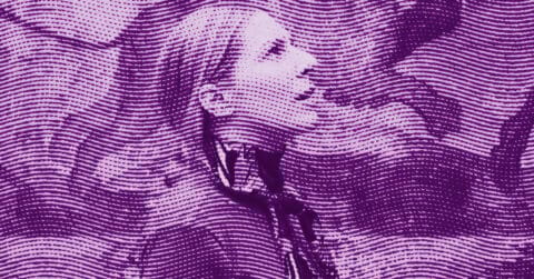 A stylized, purple-tinted image of Allison Katz in profile, looking upward. The image is overlaid with wavy, horizontal dotted lines, creating a textured, abstract effect. © Illustration by Art Critic.