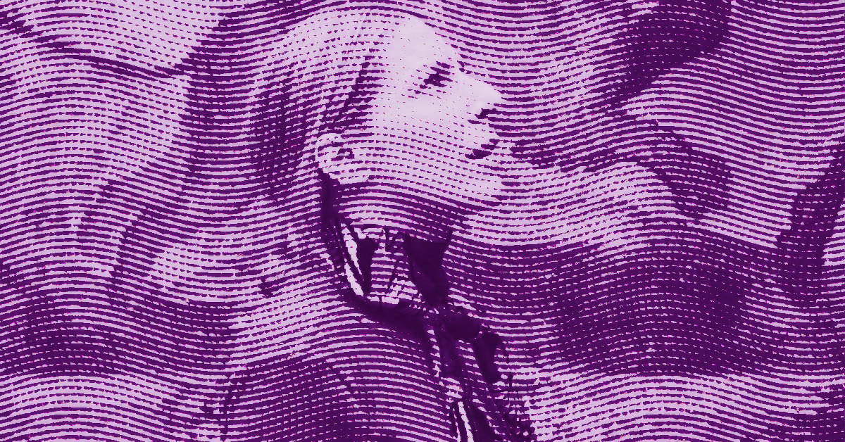 A stylized, purple-tinted image of Allison Katz in profile, looking upward. The image is overlaid with wavy, horizontal dotted lines, creating a textured, abstract effect. © Illustration by Art Critic.