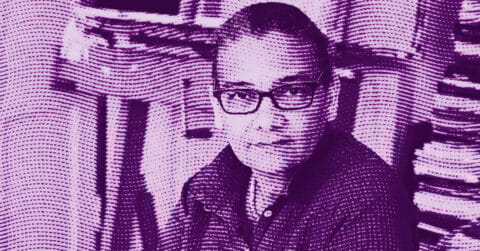 A stylized, purple-toned image of Lubaina Himid wearing glasses, facing the camera. The image features a pattern of dots and lines overlaying the entire photo, creating a textured, artistic effect. © Illustration by Art Critic.