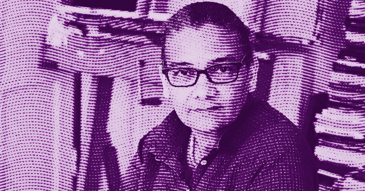 A stylized, purple-toned image of Lubaina Himid wearing glasses, facing the camera. The image features a pattern of dots and lines overlaying the entire photo, creating a textured, artistic effect. © Illustration by Art Critic.