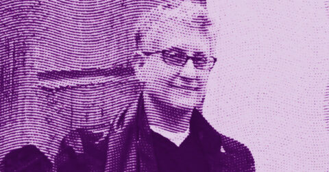 A stylized, purple-toned image of Roni Horn with short hair and glasses, created using wavy lines and dots to form their face and upper body against a light background. © Illustration by Art Critic.