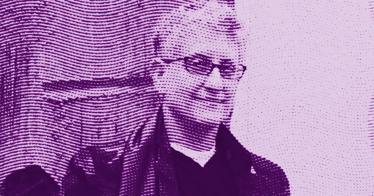 A stylized, purple-toned image of Roni Horn with short hair and glasses, created using wavy lines and dots to form their face and upper body against a light background. © Illustration by Art Critic.