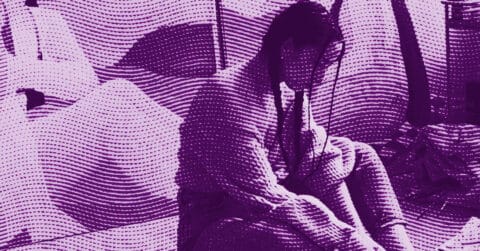 A stylized, purple-toned image depicts Elitsa Ristova sitting with knees drawn up, draped in a textured pattern of wavy dots and lines, creating a sense of abstraction and moodiness. © Illustration by Art Critic.