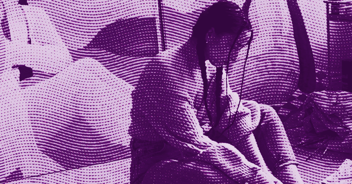 A stylized, purple-toned image depicts Elitsa Ristova sitting with knees drawn up, draped in a textured pattern of wavy dots and lines, creating a sense of abstraction and moodiness. © Illustration by Art Critic.