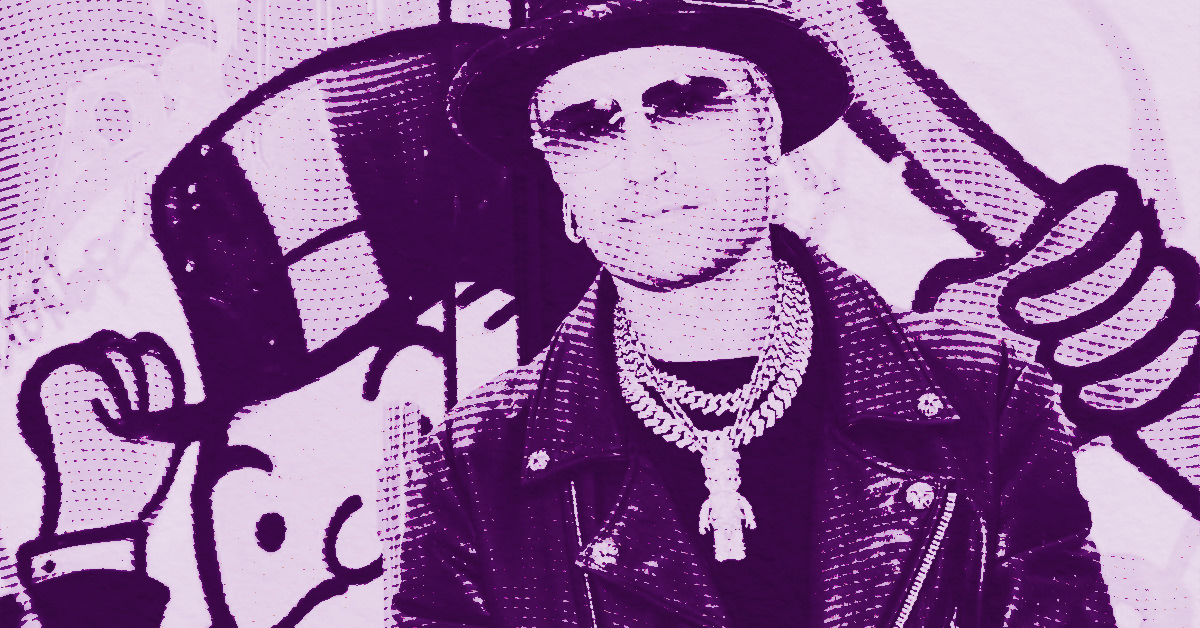 Alec Monopoly wearing sunglasses, a hat, and layered chains stands in front of street art featuring the Monopoly Man holding a cane. The image has a purple color filter and a comic-style dot pattern effect. © Illustration by Art Critic.