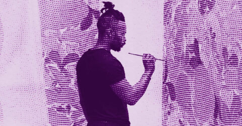 Tunji Adeniyi-Jones with a topknot hairstyle stands in profile, holding a paintbrush near a vertically striped wall. The image has a purple halftone effect, giving it a graphic, textured appearance. © Illustration by Art Critic.