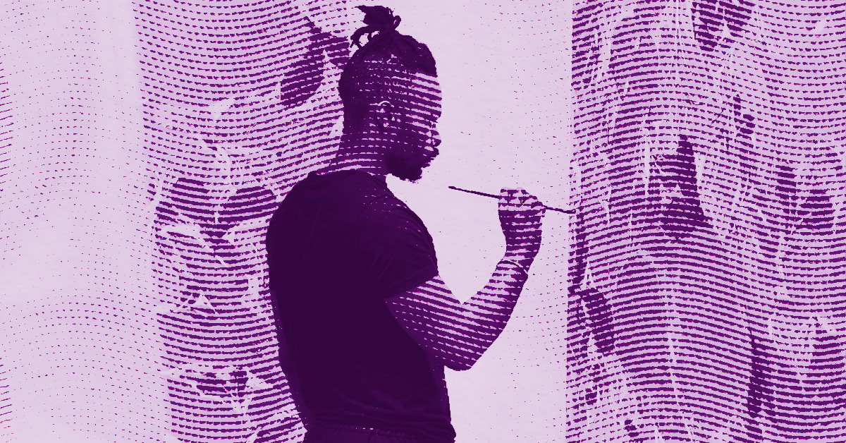 Tunji Adeniyi-Jones with a topknot hairstyle stands in profile, holding a paintbrush near a vertically striped wall. The image has a purple halftone effect, giving it a graphic, textured appearance. © Illustration by Art Critic.