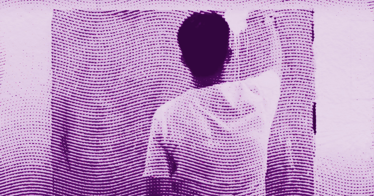 Syozo Taniguchi in a white shirt stands behind a semi-transparent screen with wavy, horizontal purple lines and dots, obscuring their face and creating an abstract, textured visual effect. © Illustration by Art Critic.