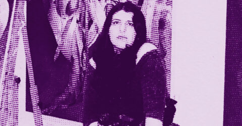 A stylized, purple-tinted image of Ilana Savdie with long dark hair sitting and looking slightly upward, surrounded by a blurred, dotted background with other indistinct figures. © Illustration by Art Critic.