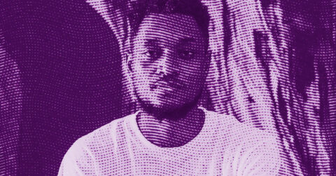 A stylized, purple-tinted portrait of Isshaq ISMAIL with short hair and a beard, wearing a light-colored shirt. The image features a dotted, wave-like overlay pattern across the entire surface. © Illustration by Art Critic.