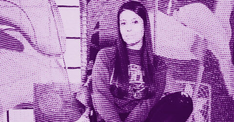 A stylized, purple-tinted image of Celeste RAPONE with long hair sitting cross-legged. The image is overlaid with a dotted halftone pattern, creating a textured, abstract effect. © Illustration by Art Critic.