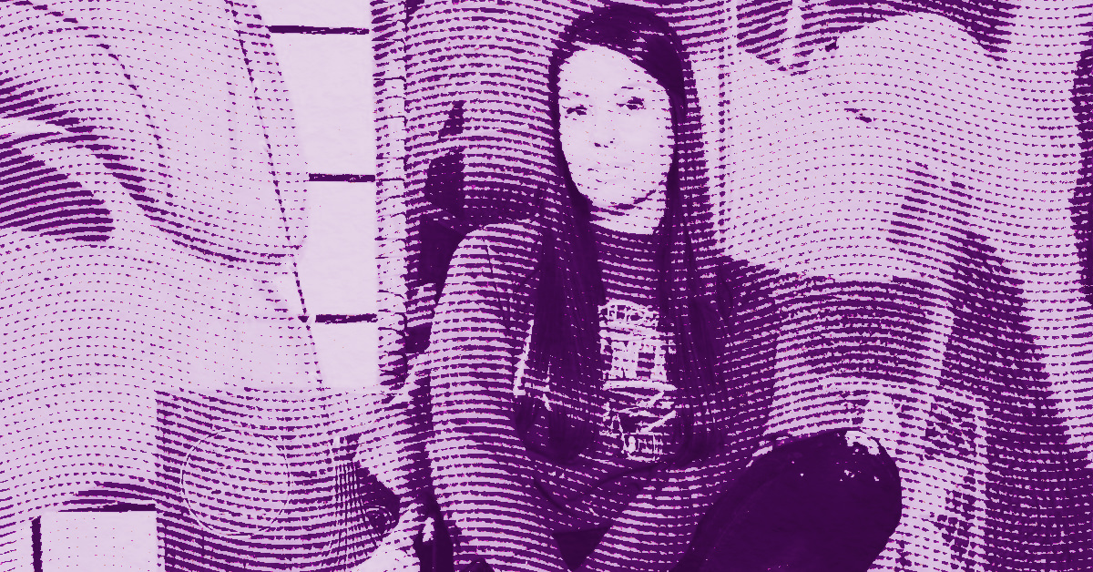 A stylized, purple-tinted image of Celeste RAPONE with long hair sitting cross-legged. The image is overlaid with a dotted halftone pattern, creating a textured, abstract effect. © Illustration by Art Critic.
