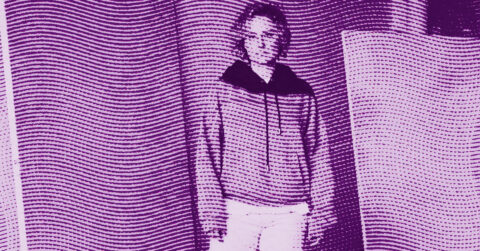 Robin F. Williams standing in front of a wavy, patterned background. The image is stylized in purple tones with a dot and line effect, creating a textured, abstract appearance. Robin F. Williams wears a hoodie and pants. © Illustration by Art Critic.