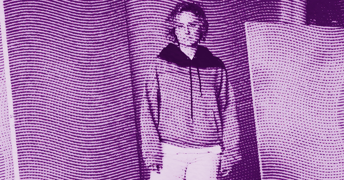 Robin F. Williams standing in front of a wavy, patterned background. The image is stylized in purple tones with a dot and line effect, creating a textured, abstract appearance. Robin F. Williams wears a hoodie and pants. © Illustration by Art Critic.