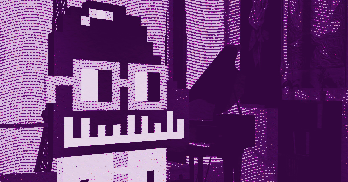 Pixelated digital figure with glasses and a wide mouth by Alpha Centauri Kid, rendered in purple tones. A grand piano and ornate chairs are visible in the background, also tinted purple. The image has a stylized, abstract appearance. © Illustration by Art Critic.