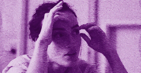 Diane Dal-Pra stands in front of a mirror, raising one arm and touching her eyebrow. The image has a purple and pink duotone effect with a wavy, dotted overlay pattern. © Illustration by Art Critic.