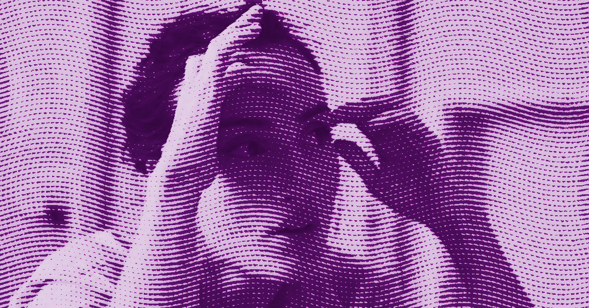 Diane Dal-Pra stands in front of a mirror, raising one arm and touching her eyebrow. The image has a purple and pink duotone effect with a wavy, dotted overlay pattern. © Illustration by Art Critic.