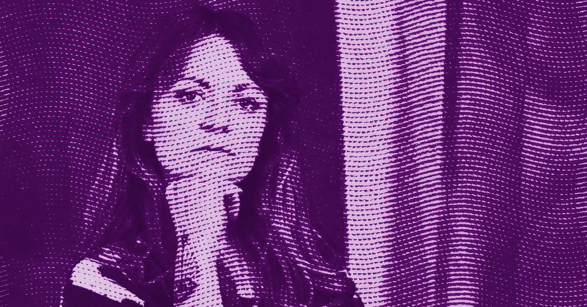A stylized, purple-toned image of Maja Ruznic with long hair, resting her chin on her hand in a thoughtful pose. The image is rendered in a dotted, halftone pattern with a curtain visible in the background. © Illustration by Art Critic.