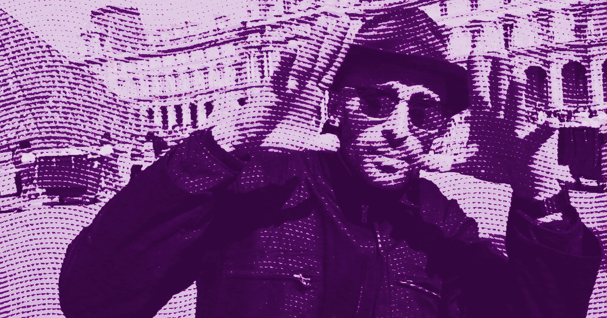 A stylized, purple-toned image of the French artist JR wearing sunglasses and a hat, with hands raised and fingers pointing. In the background, there are large classical buildings. The image has a dotted, halftone pattern effect. © Illustration by Art Critic.