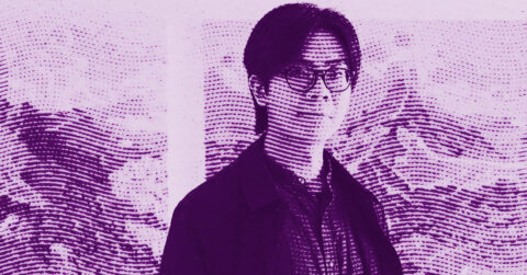 A stylized, purple-tinted image of Stephen Wong Chun Hei with glasses and dark hair, wearing a jacket and patterned shirt, overlaid with wavy, dotted lines. The background appears abstract with similar line patterns. © Illustration by Art Critic.