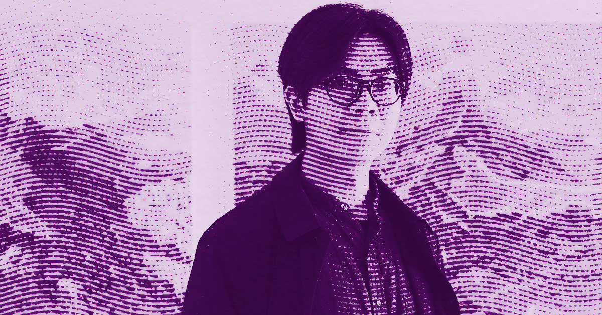 A stylized, purple-tinted image of Stephen Wong Chun Hei with glasses and dark hair, wearing a jacket and patterned shirt, overlaid with wavy, dotted lines. The background appears abstract with similar line patterns. © Illustration by Art Critic.