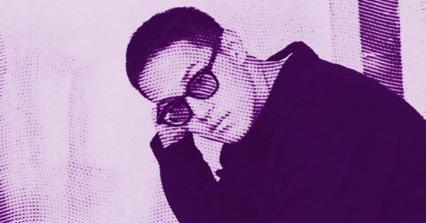 Kantapon Metheekul wearing glasses rests his head on his hand. The image is stylized with a purple halftone effect, giving it a textured, graphic appearance. Kantapon Metheekul has short hair and is dressed in dark clothing. © Illustration by Art Critic.