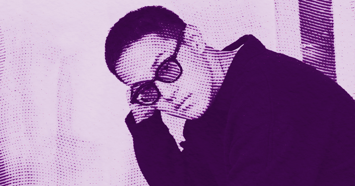 Kantapon Metheekul wearing glasses rests his head on his hand. The image is stylized with a purple halftone effect, giving it a textured, graphic appearance. Kantapon Metheekul has short hair and is dressed in dark clothing. © Illustration by Art Critic.