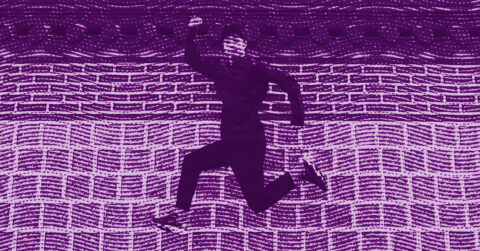 DeeKay Kwon in athletic clothing jumps mid-air against a stylized, purple background with wavy and brick-like patterns. The image has a textured, artistic effect. © Illustration by Art Critic.
