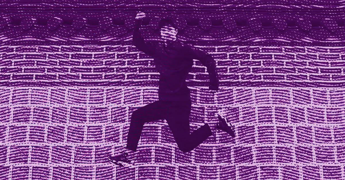 DeeKay Kwon in athletic clothing jumps mid-air against a stylized, purple background with wavy and brick-like patterns. The image has a textured, artistic effect. © Illustration by Art Critic.