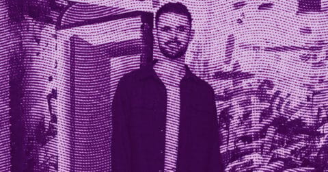 Kyle Dunn stands outdoors beside a building, surrounded by plants. The image has a purple color filter and a dotted, halftone texture effect. © Illustration by Art Critic.