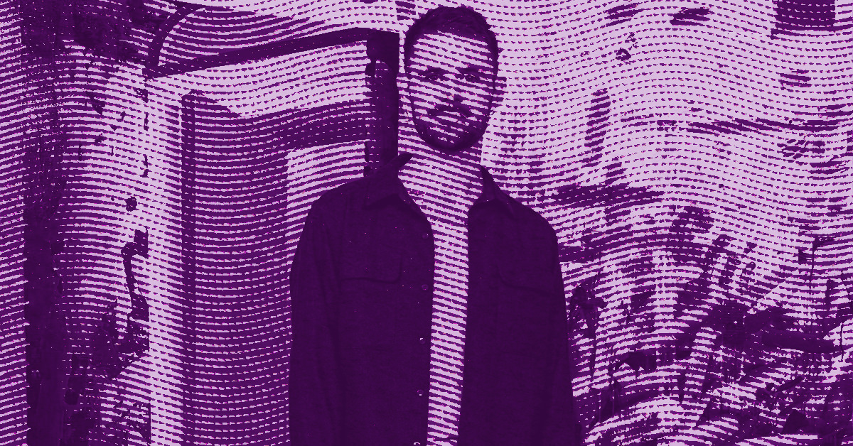 Kyle Dunn stands outdoors beside a building, surrounded by plants. The image has a purple color filter and a dotted, halftone texture effect. © Illustration by Art Critic.