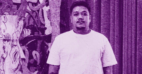 Jigger Cruz in a white T-shirt stands in front of a decorative background with artistic designs. The image has a purple halftone effect, giving it a stylized, textured look. © Illustration by Art Critic.