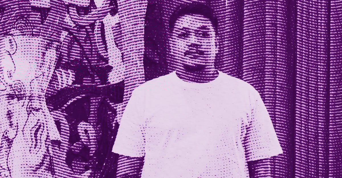 Jigger Cruz in a white T-shirt stands in front of a decorative background with artistic designs. The image has a purple halftone effect, giving it a stylized, textured look. © Illustration by Art Critic.