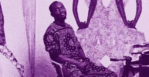 Emmanuel Taku in patterned clothing sits on a plastic chair beside a table, in a room with intricate patterns on the wall. The image is stylized with a purple color filter and halftone texture. © Illustration by Art Critic.