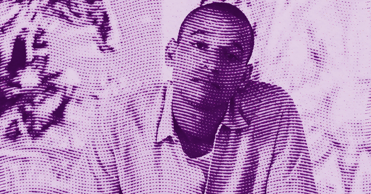 A stylized, purple-toned image of Chase Hall in a collared shirt, looking forward. The image is rendered with a dot and line pattern, creating a textured, abstract effect. Blurred shapes are visible in the background. © Illustration by Art Critic.
