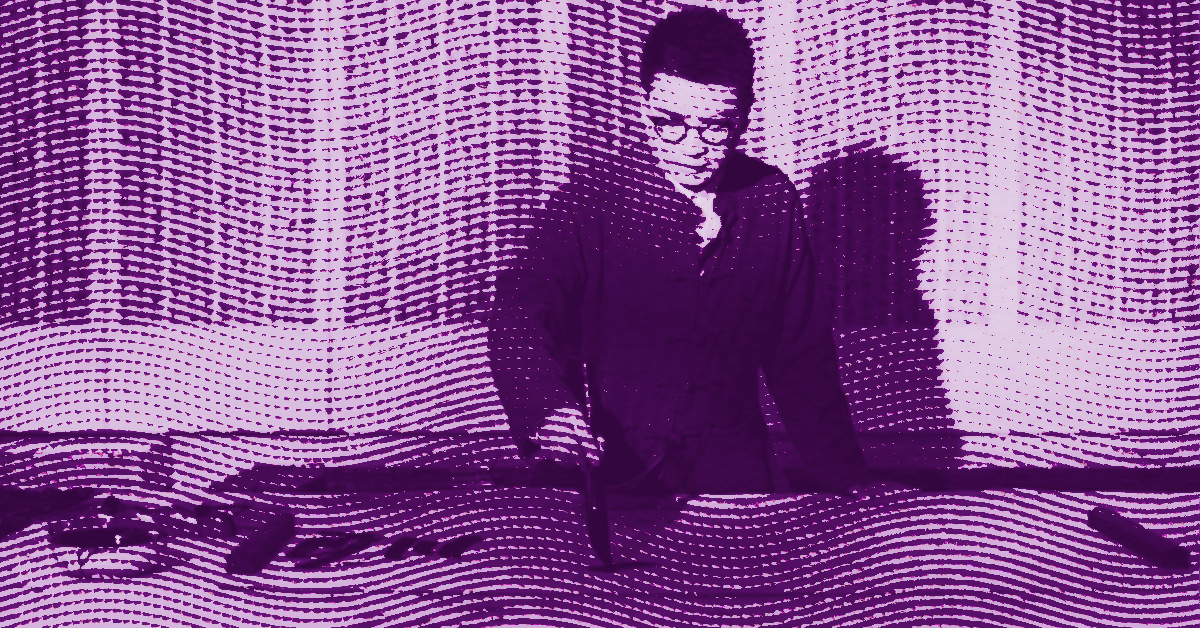 Chen Jia in glasses stands behind a table, looking down thoughtfully. The image has a purple overlay with wavy, dotted lines throughout, creating a textured, artistic effect. © Illustration by Art Critic.