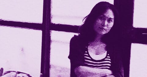 Ju Ting with long hair sits by a window, her arms folded. The image is edited in a purple halftone style, giving it a high-contrast, artistic effect. She wears a striped shirt and looks slightly to the side. © Illustration by Art Critic.
